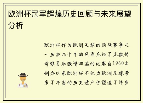 欧洲杯冠军辉煌历史回顾与未来展望分析