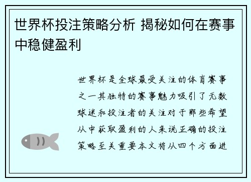世界杯投注策略分析 揭秘如何在赛事中稳健盈利
