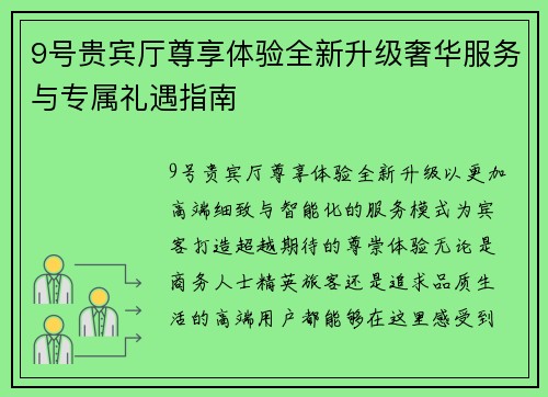 9号贵宾厅尊享体验全新升级奢华服务与专属礼遇指南